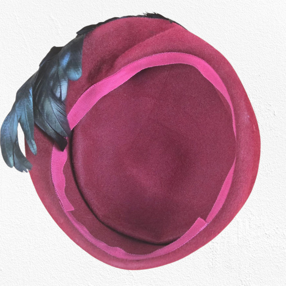 1950s Vintage Burgundy Wool Hat Black Feathers Mid-Century Formal Fascinator - Picture 7 of 10